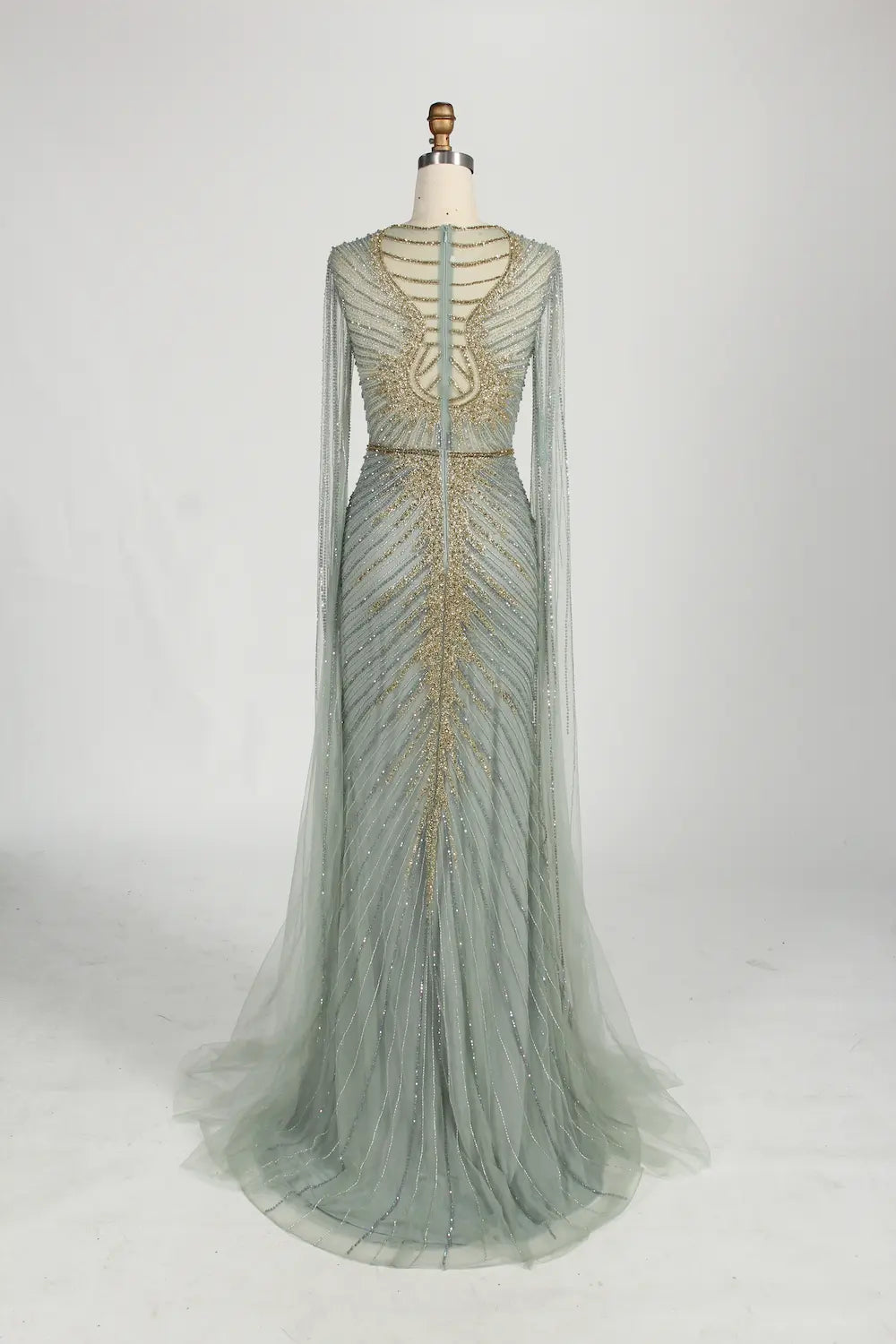 Sage Green Sequine Beaded Neckline Cape Sleeves Evening Dress MC153