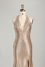 Wholesale Champagne Crystal - Embellished Halter Evening Gown 33263