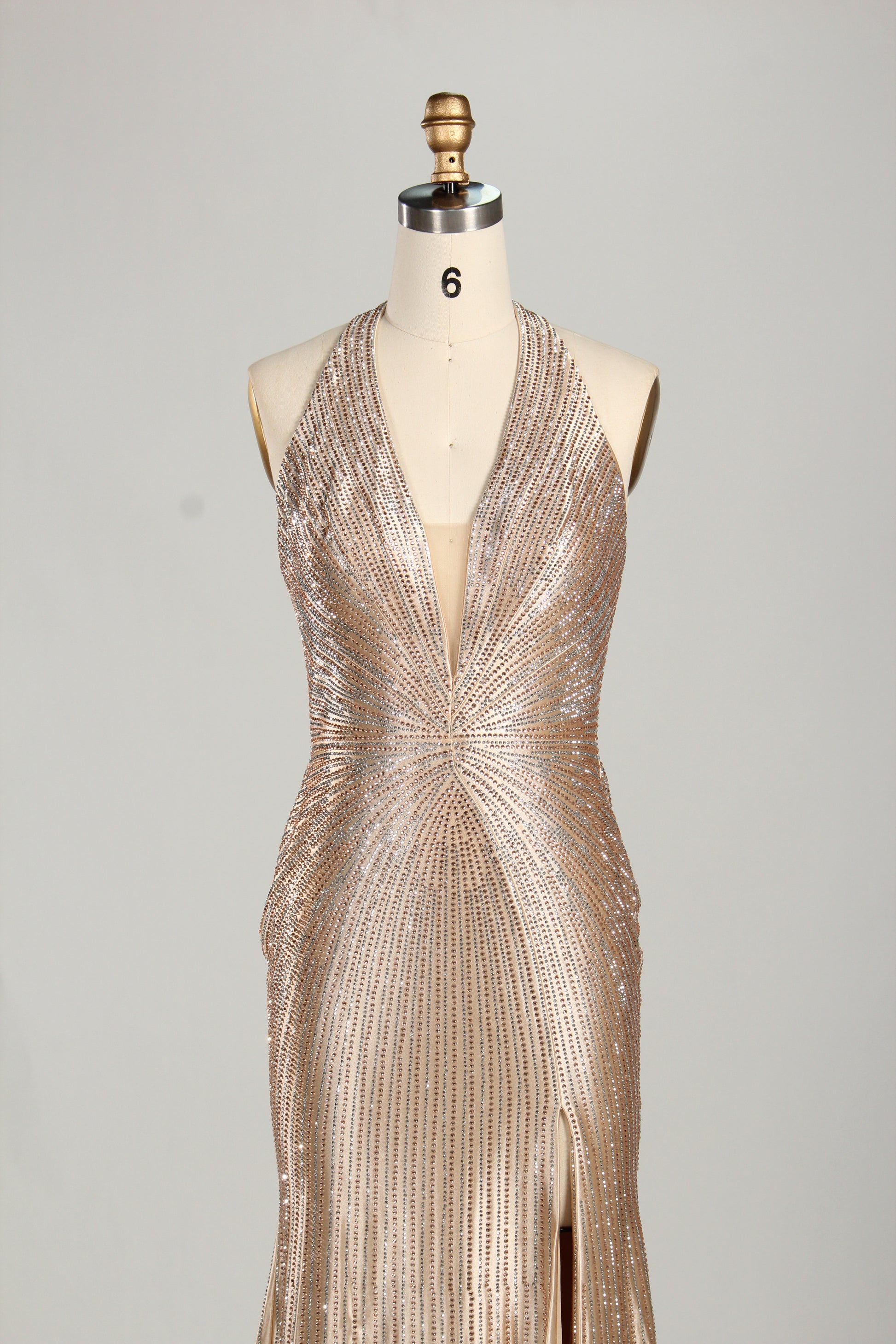 Wholesale Champagne Crystal - Embellished Halter Evening Gown 33263