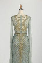 Sage Green Sequine Beaded Neckline Cape Sleeves Evening Dress MC153