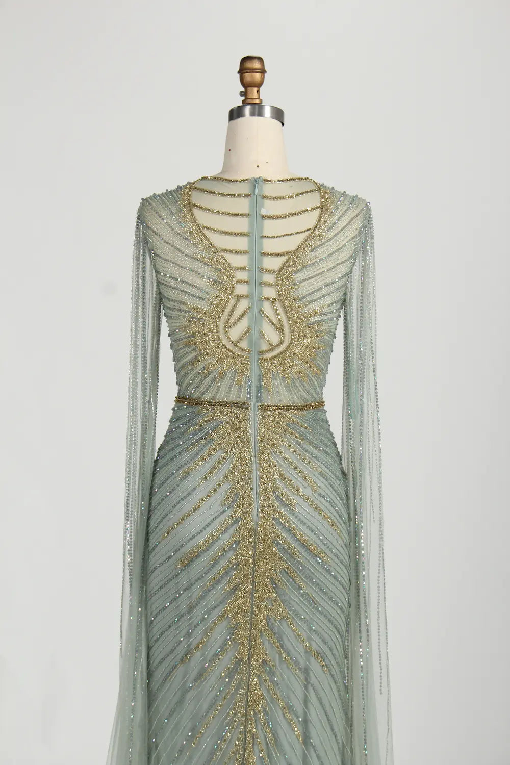 Sage Green Sequine Beaded Neckline Cape Sleeves Evening Dress MC153