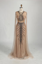Sage Green Sequine Beaded Neckline Cape Sleeves Evening Dress MC153