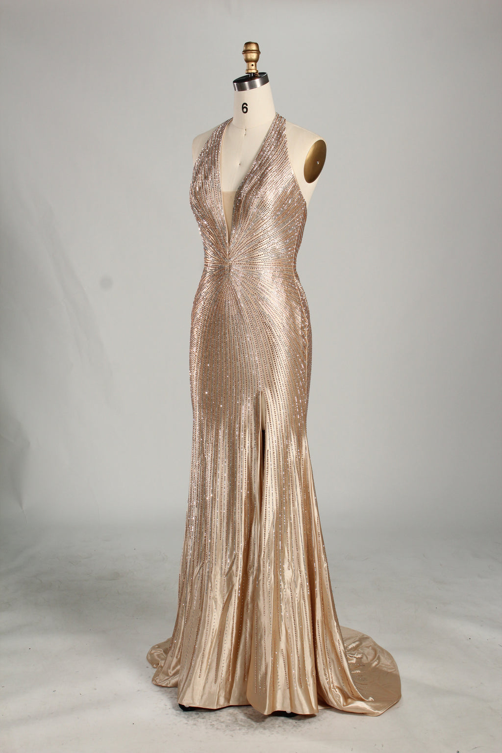 Wholesale Champagne Crystal - Embellished Halter Evening Gown 33263