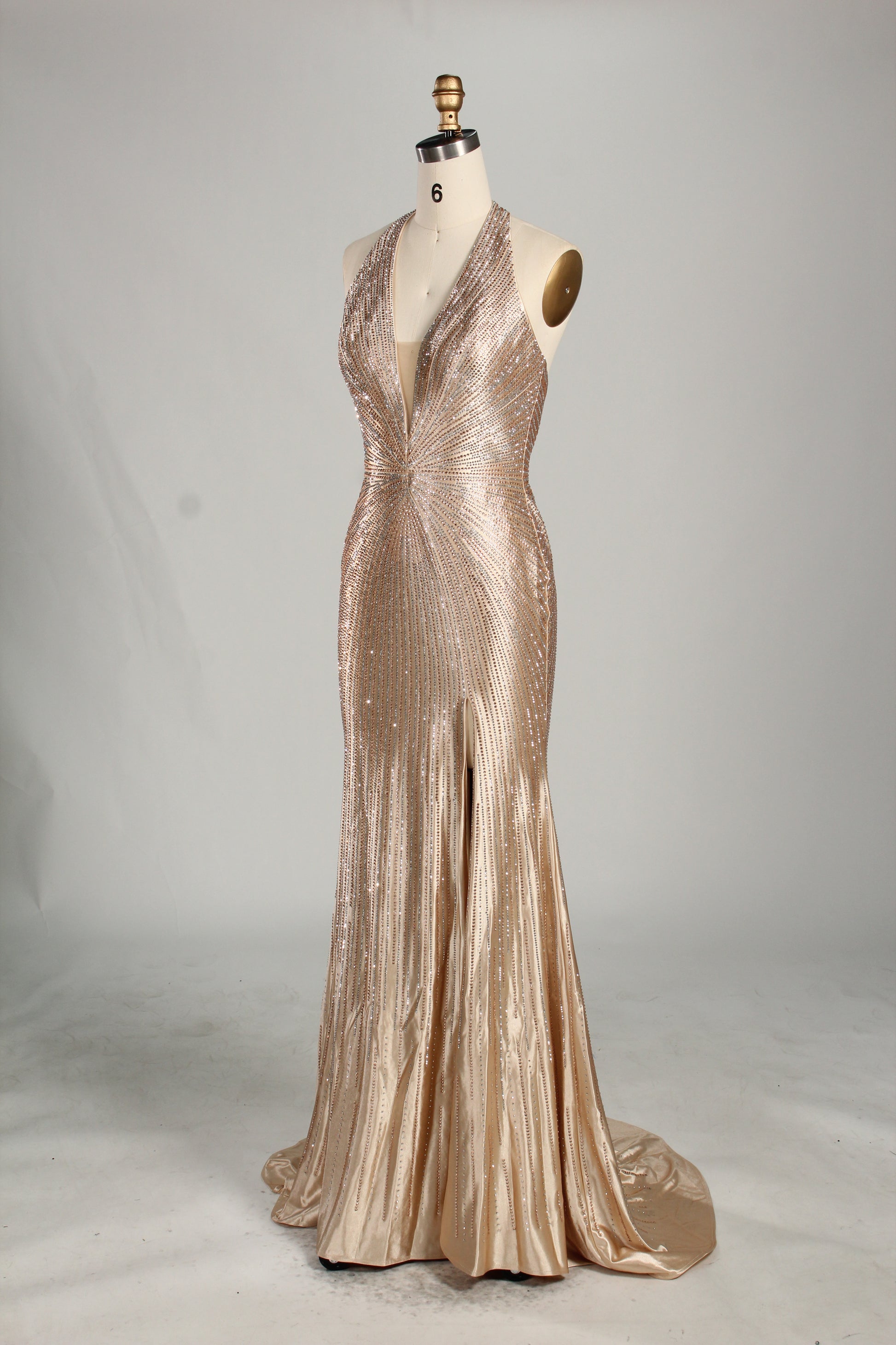Wholesale Champagne Crystal - Embellished Halter Evening Gown 33263