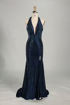 Wholesale Champagne Crystal - Embellished Halter Evening Gown 33263