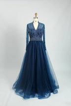 Beaded Long Sleeve V-Neck A-Line Mother of the Bride Dress MC102