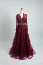 Beaded Long Sleeve V-Neck A-Line Mother of the Bride Dress MC102