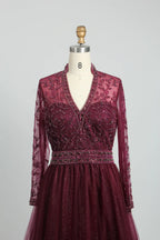 Beaded Long Sleeve V-Neck A-Line Mother of the Bride Dress MC102
