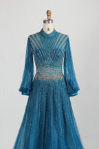 Beaded High Neck Long Sleeve A Line Mother of the Bride Dress MC122