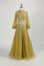 Beaded High Neck Long Sleeve A Line Mother of the Bride Dress MC122