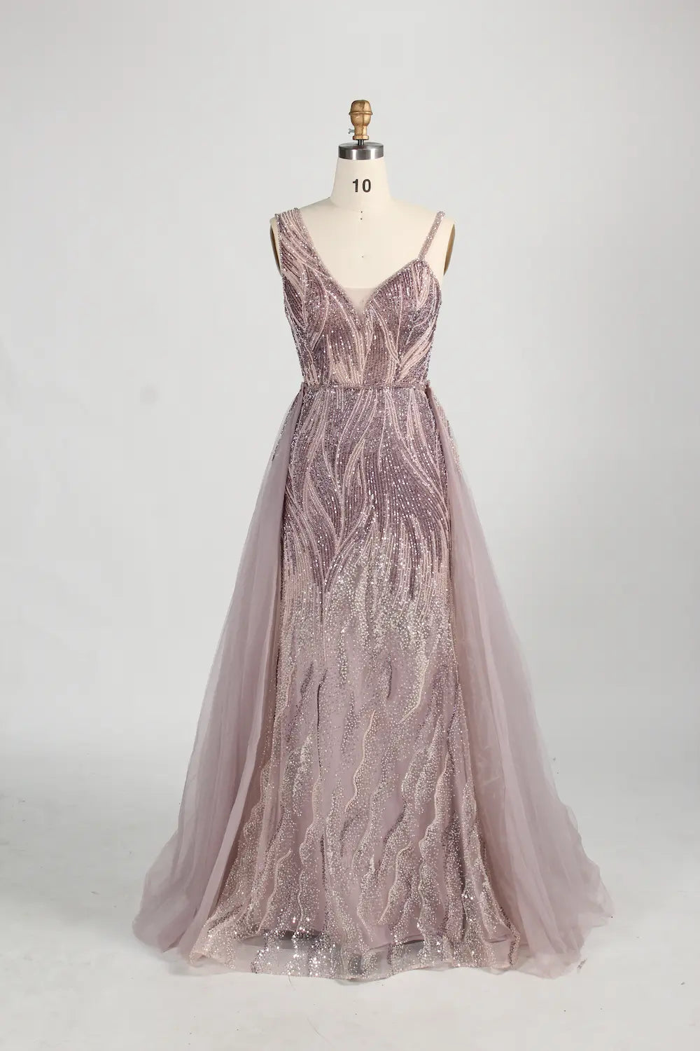 One-Shoulder Beaded Evening Dress with Side Tulle Overskirt MK158