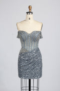 Wholesale Grey Off-Shoulder Sequin Short Prom Dress 33322S