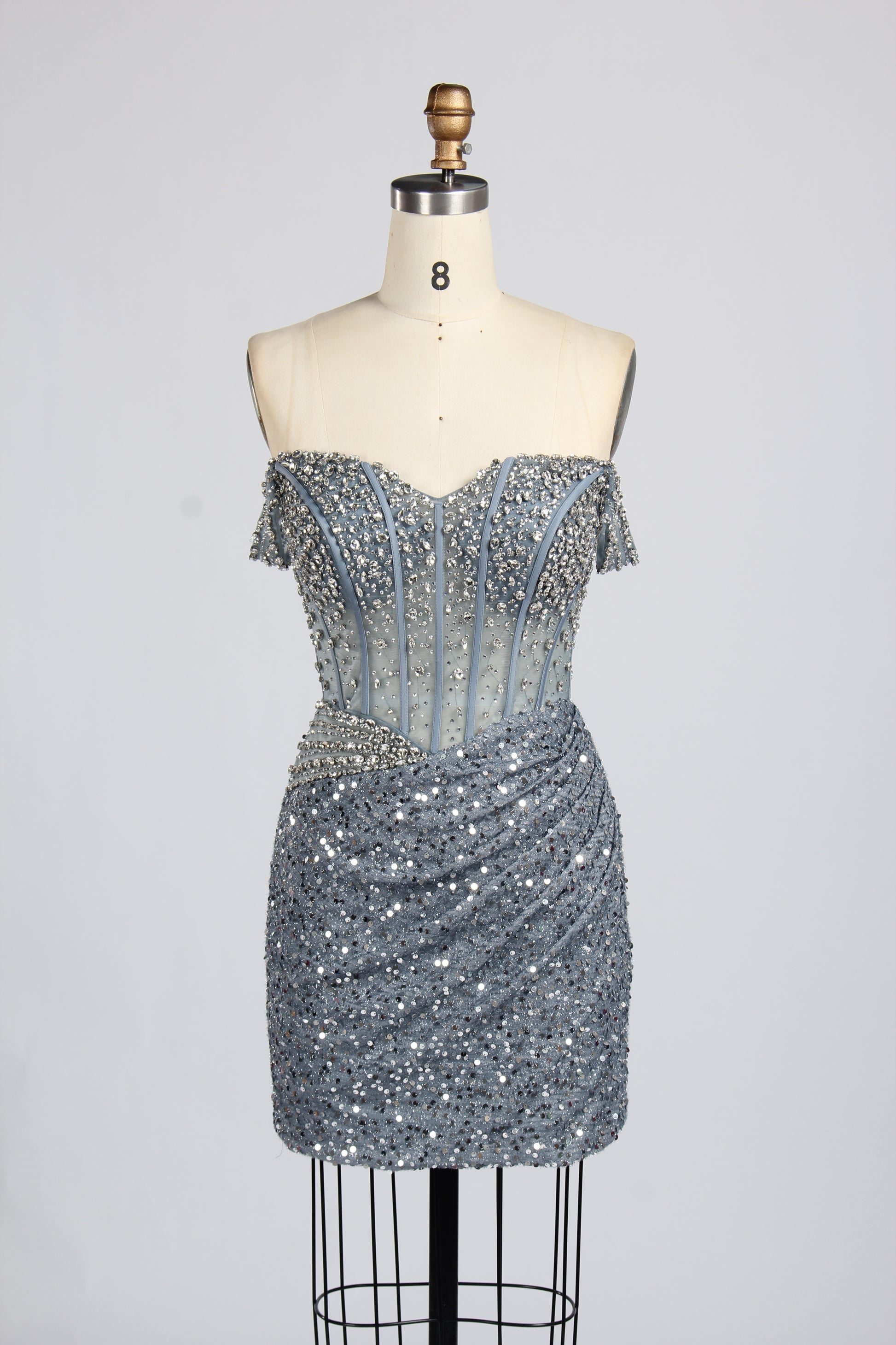 Wholesale Grey Off-Shoulder Sequin Short Prom Dress 33322S