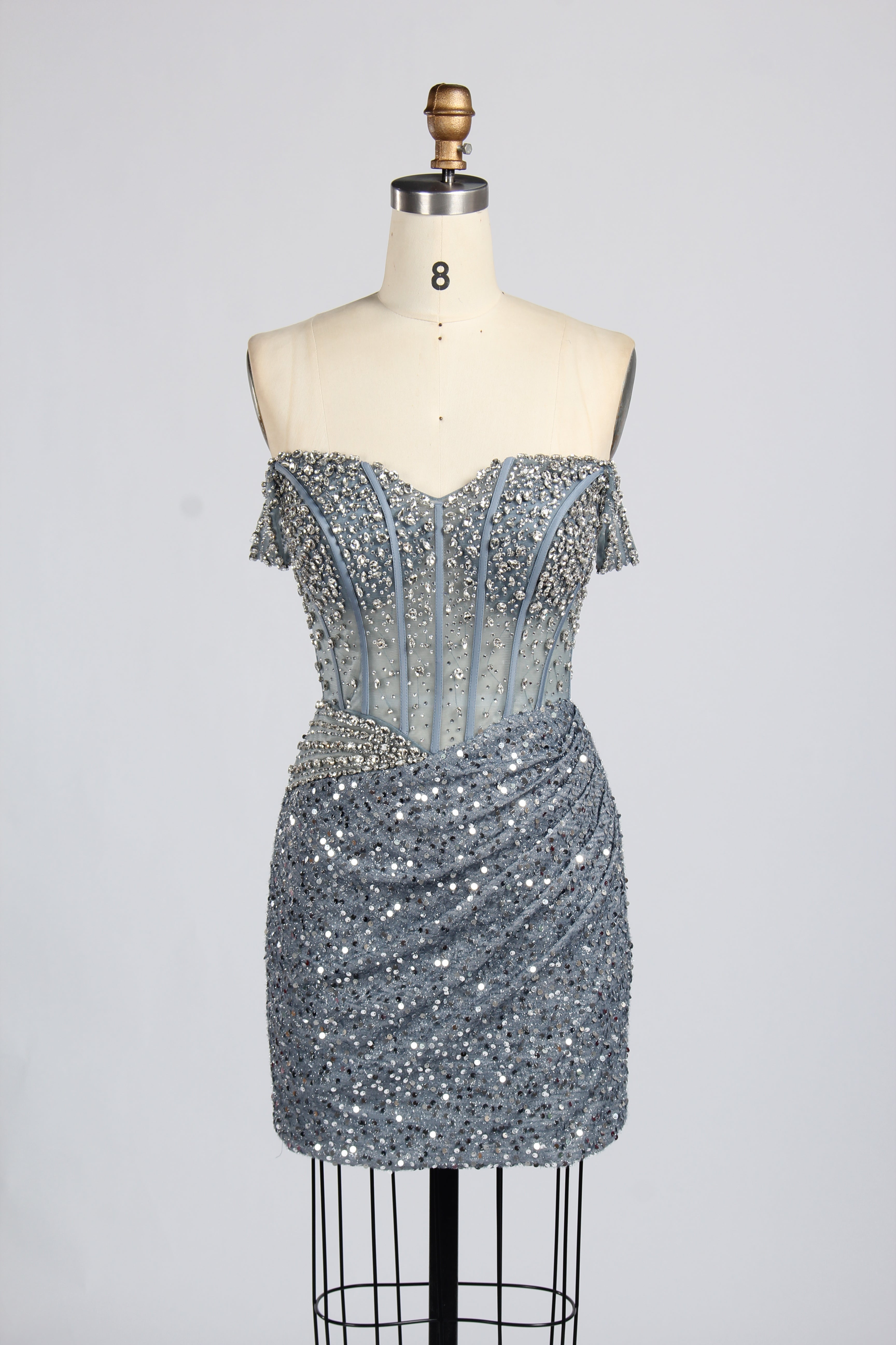Wholesale Grey Off-Shoulder Sequin Short Prom Dress 33322S