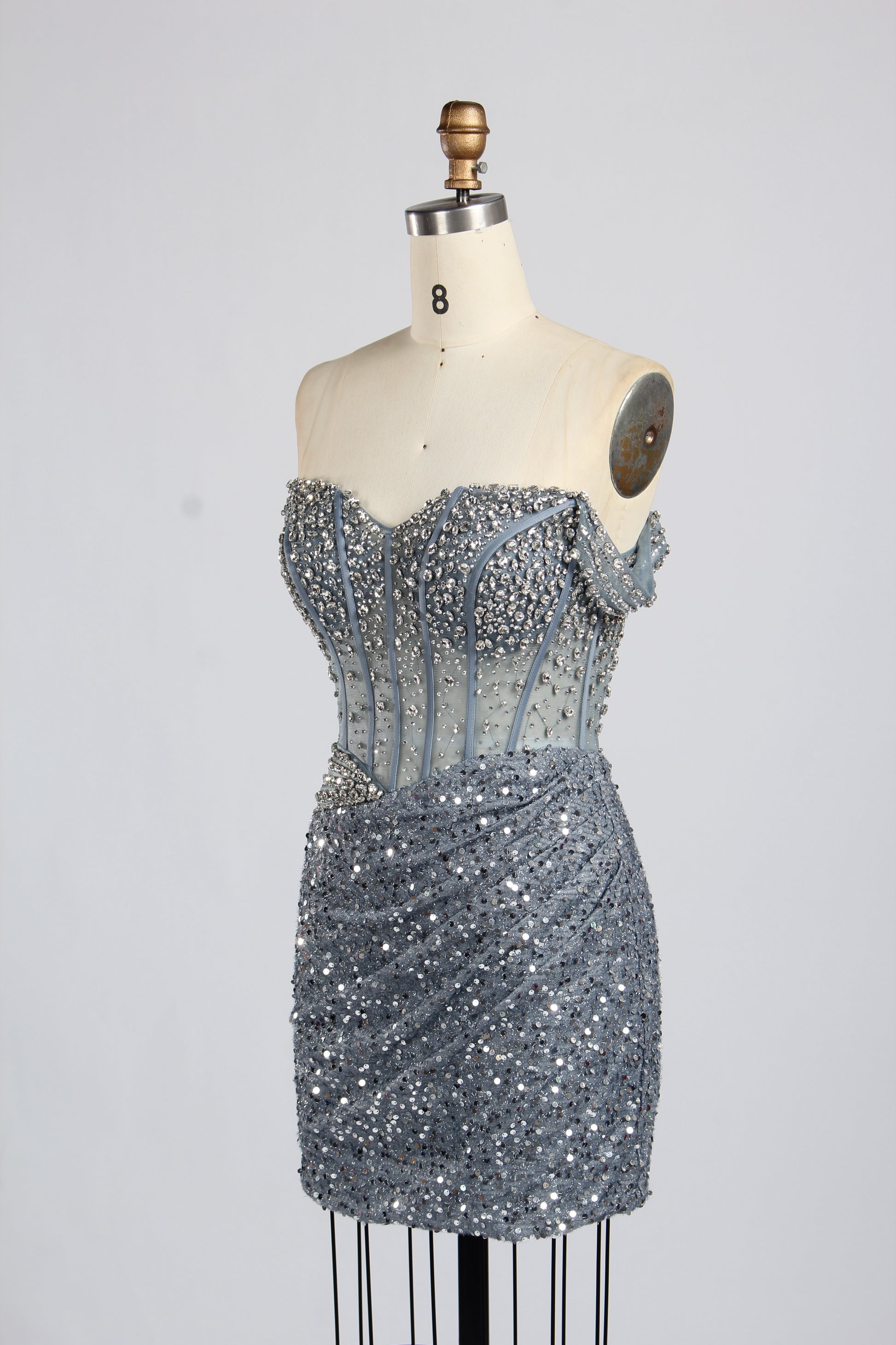 Wholesale Grey Off-Shoulder Sequin Short Prom Dress 33322S