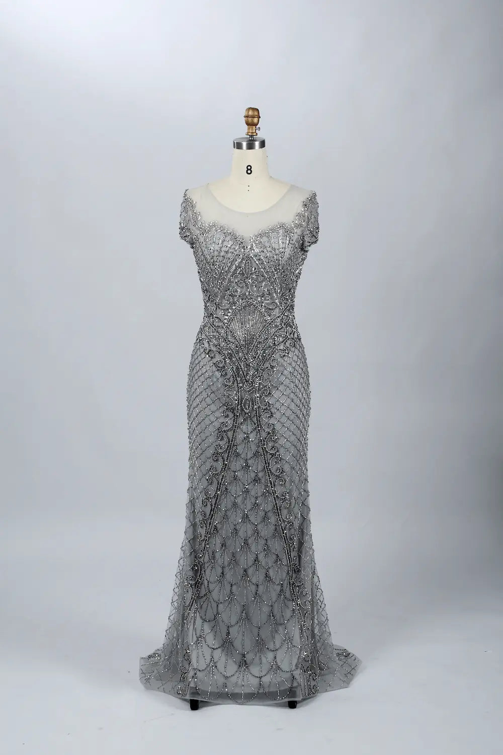 Silver Gray Sophisticated Mermaid Mother of the Bride Dress with Cap Sleeves MC053