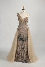 One-Shoulder Beaded Evening Dress with Side Tulle Overskirt MK158