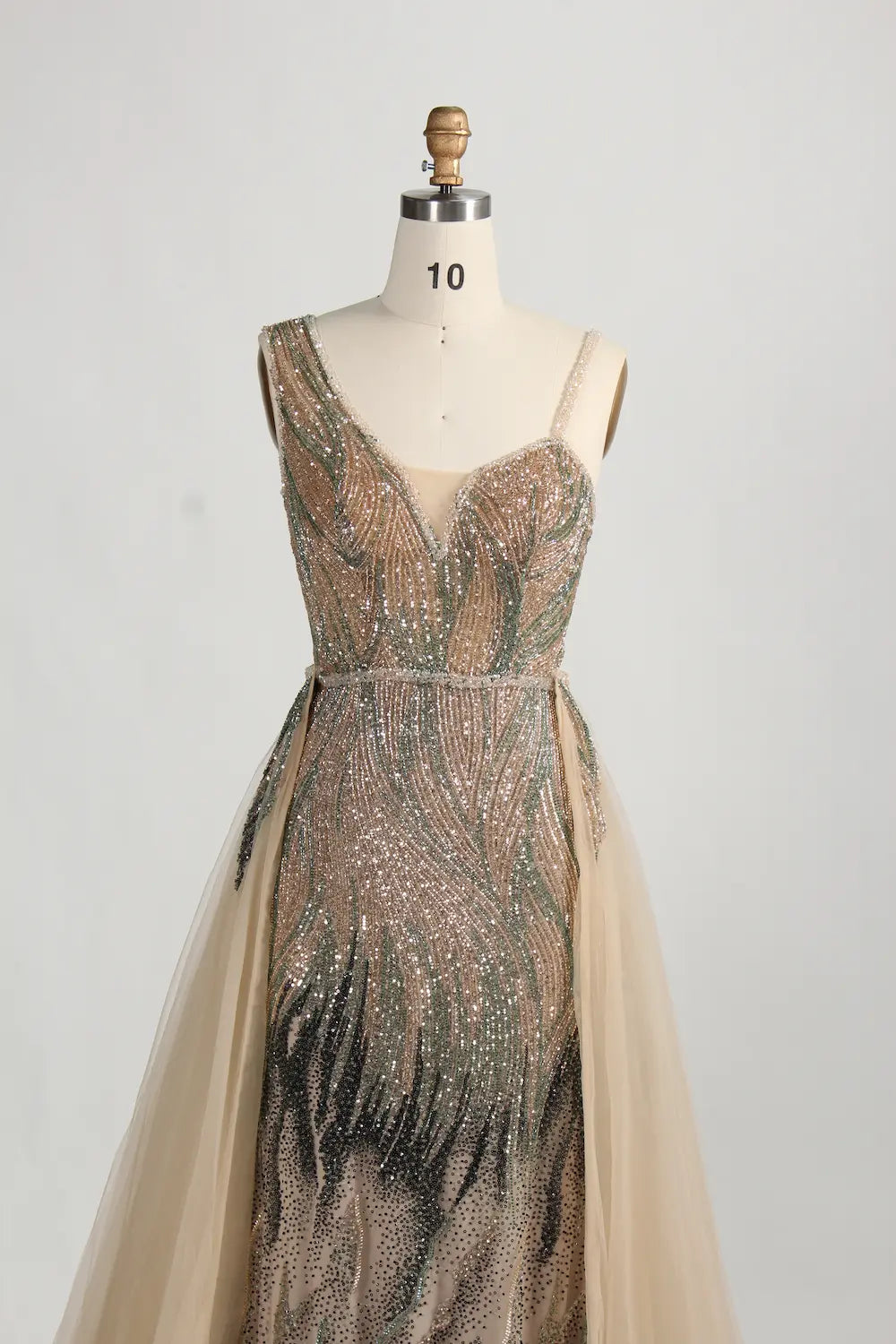 One-Shoulder Beaded Evening Dress with Side Tulle Overskirt MK158