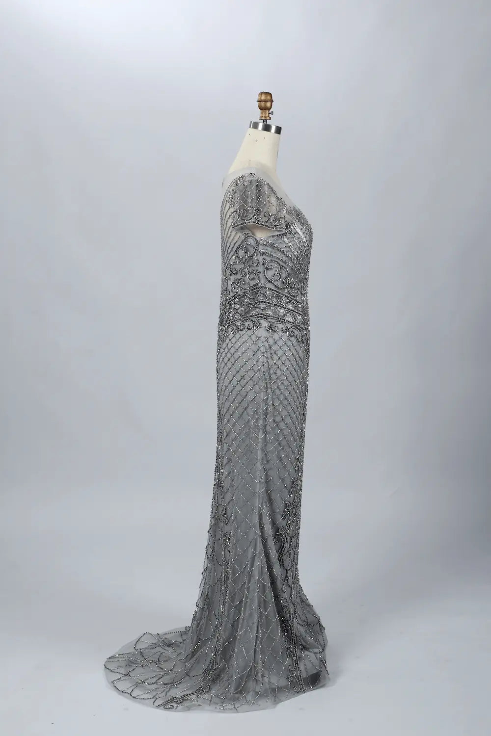 Silver Gray Sophisticated Mermaid Mother of the Bride Dress with Cap Sleeves MC053