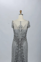 Silver Gray Sophisticated Mermaid Mother of the Bride Dress with Cap Sleeves MC053