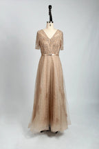 V-Neck Sparkling A-Line Mother of the Bride Dress with Short Sleeves MC083