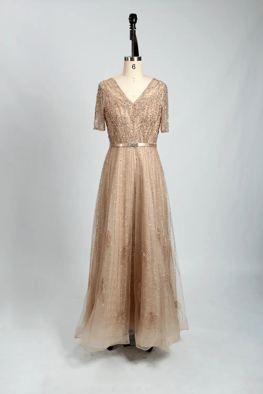V-Neck Sparkling A-Line Mother of the Bride Dress with Short Sleeves MC083