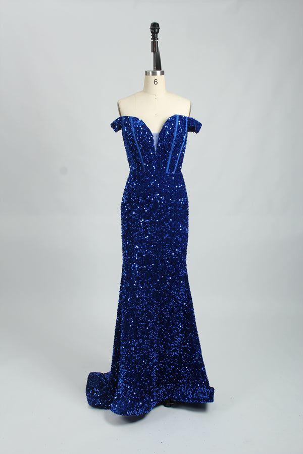 A photograph of a mannequin showcasing an off-the-shoulder, floor-length red sequin gown with a plunging V-neckline. The dress has a fitted bodice and a flared skirt, creating a glamorous, elegant appearance. The mannequin stands against a plain white background, emphasizing the dress's vibrant color and intricate details.07