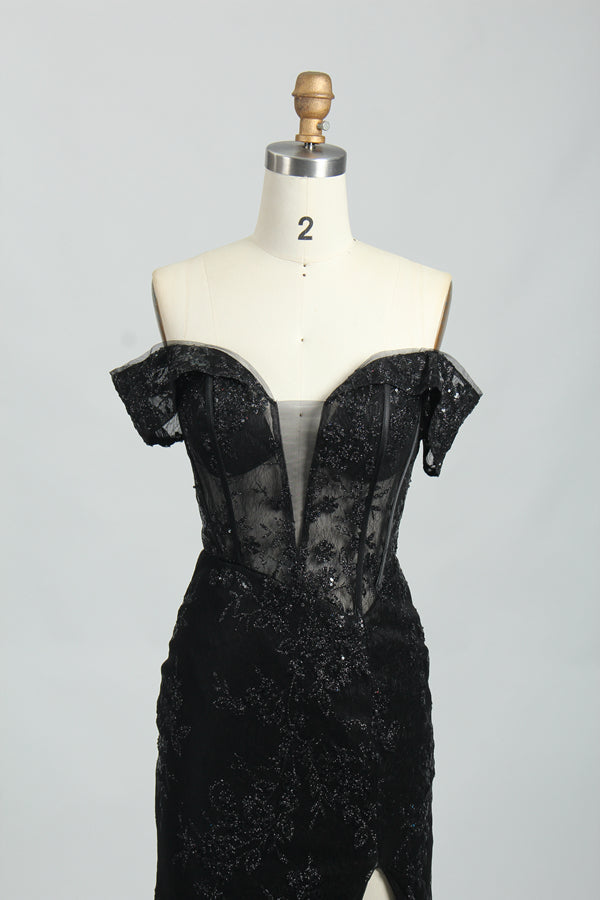 Wholesale Black Lace Prom Dress - Off - Shoulder Mermaid Slit Gown 32695