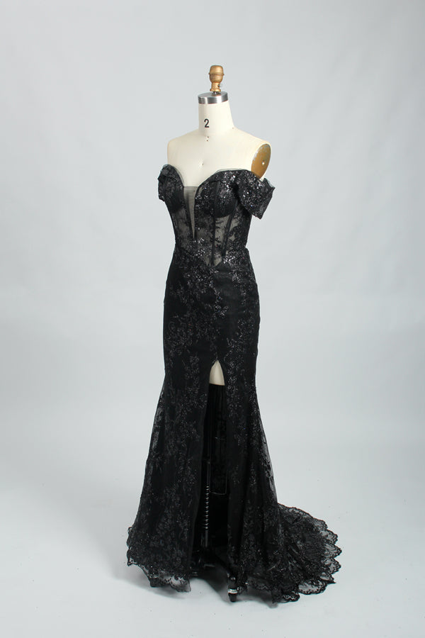 Wholesale Black Lace Prom Dress - Off - Shoulder Mermaid Slit Gown 32695