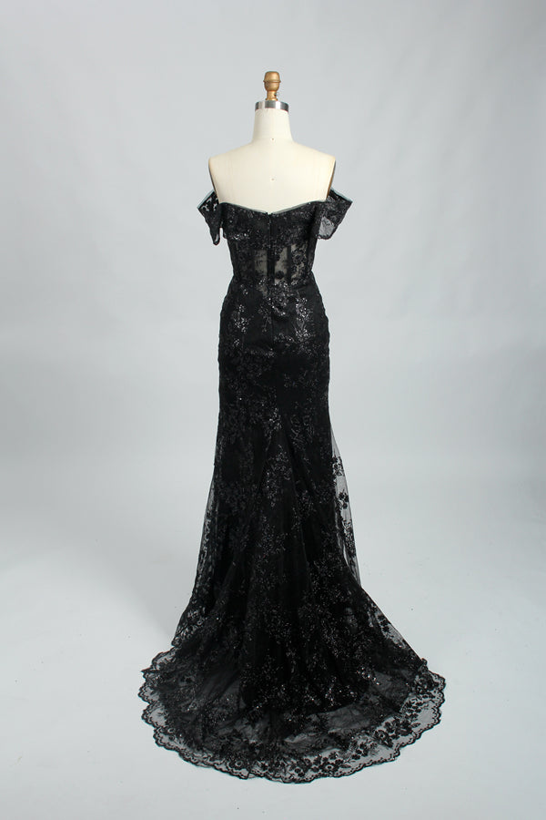 Wholesale Black Lace Prom Dress - Off - Shoulder Mermaid Slit Gown 32695
