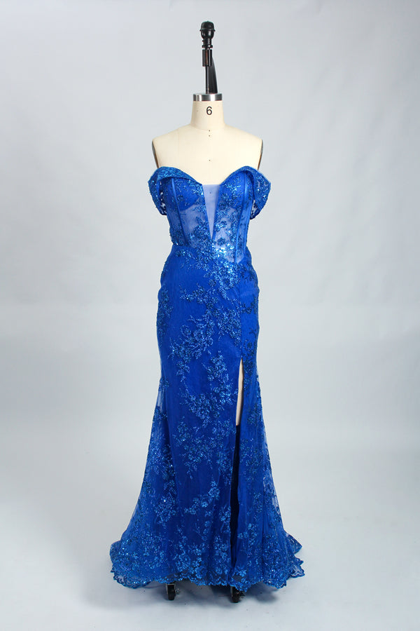 This photograph features a mannequin wearing an elegant, floor-length black lace gown. The gown has a sweetheart neckline, off-the-shoulder sleeves, and a high slit on one side, revealing a black thigh-high stocking. The intricate lace pattern is delicate and ornate, adding texture and visual interest. The mannequin stands against a plain, light beige background, emphasizing the dress's details. The number "2" is displayed on the mannequin's chest.07