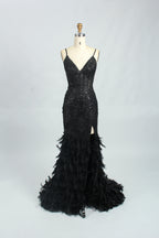 Illuminated softly, a woman captivates in a pink - purple evening gown. With sequin and feather details, a mermaid silhouette, and a high slit, it creates a glamorous and alluring look for formal events.7