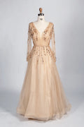 Draped V-Neck A-Line Mother of the Bride Dress with Long Sleeves MC086