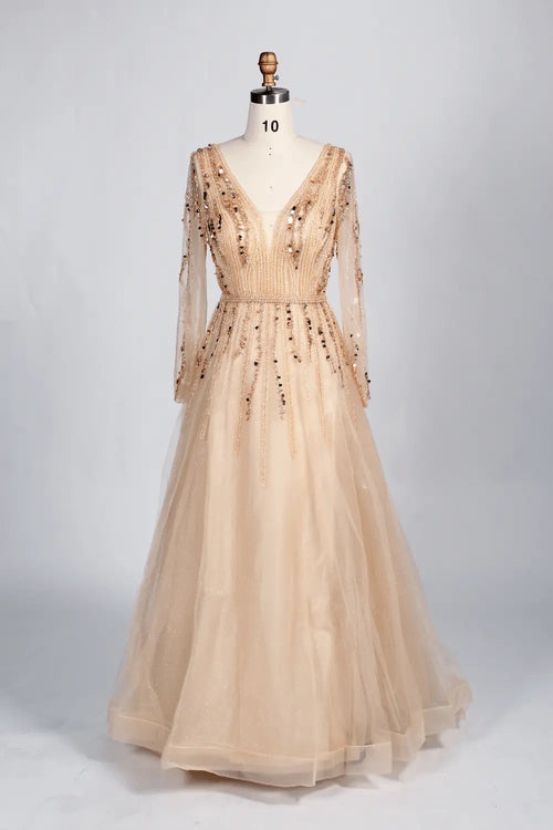 Champagne mother of the bride A-line dress with draped V-neck and long sleeves