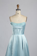Wholesale Light Blue Pearl - Embellished Strapless Evening Gown 33219B