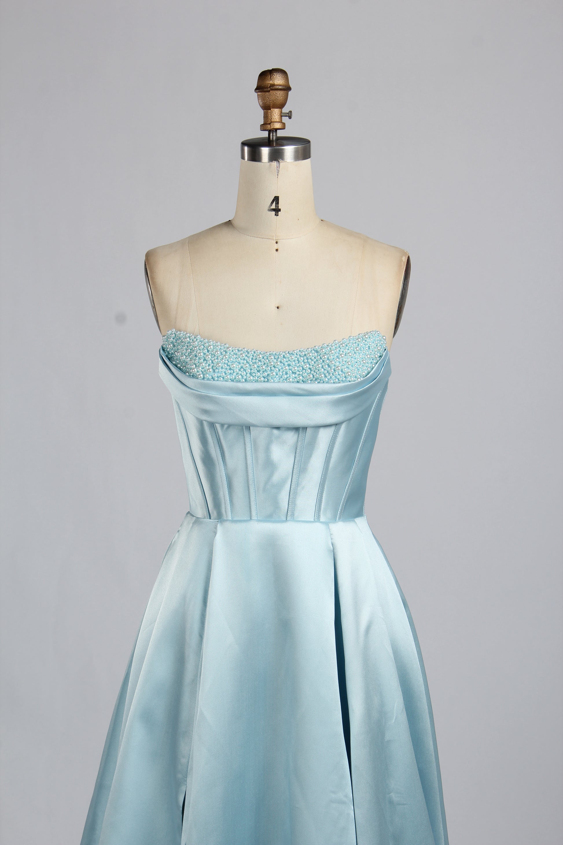Wholesale Light Blue Pearl - Embellished Strapless Evening Gown 33219B