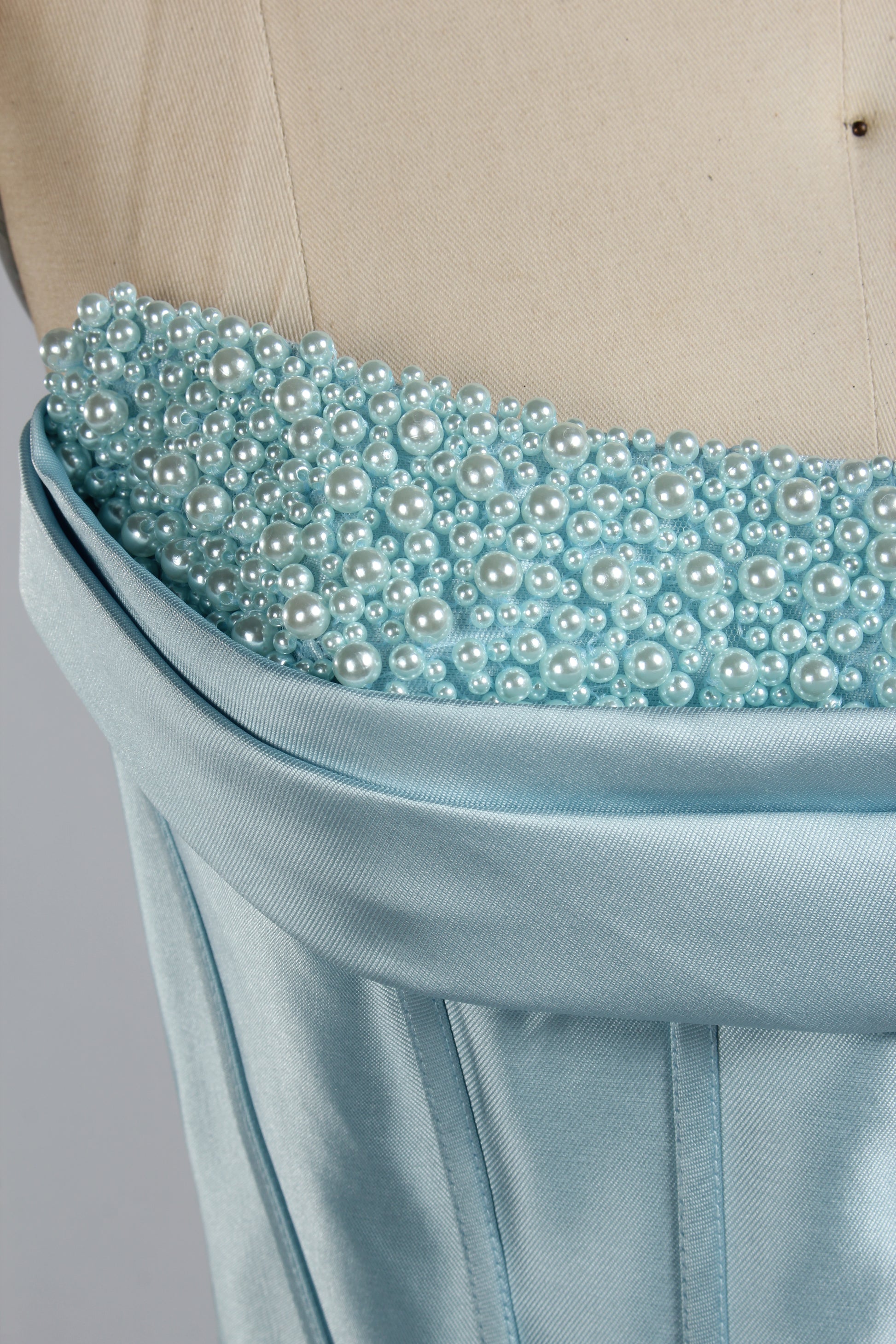 Wholesale Light Blue Pearl - Embellished Strapless Evening Gown 33219B