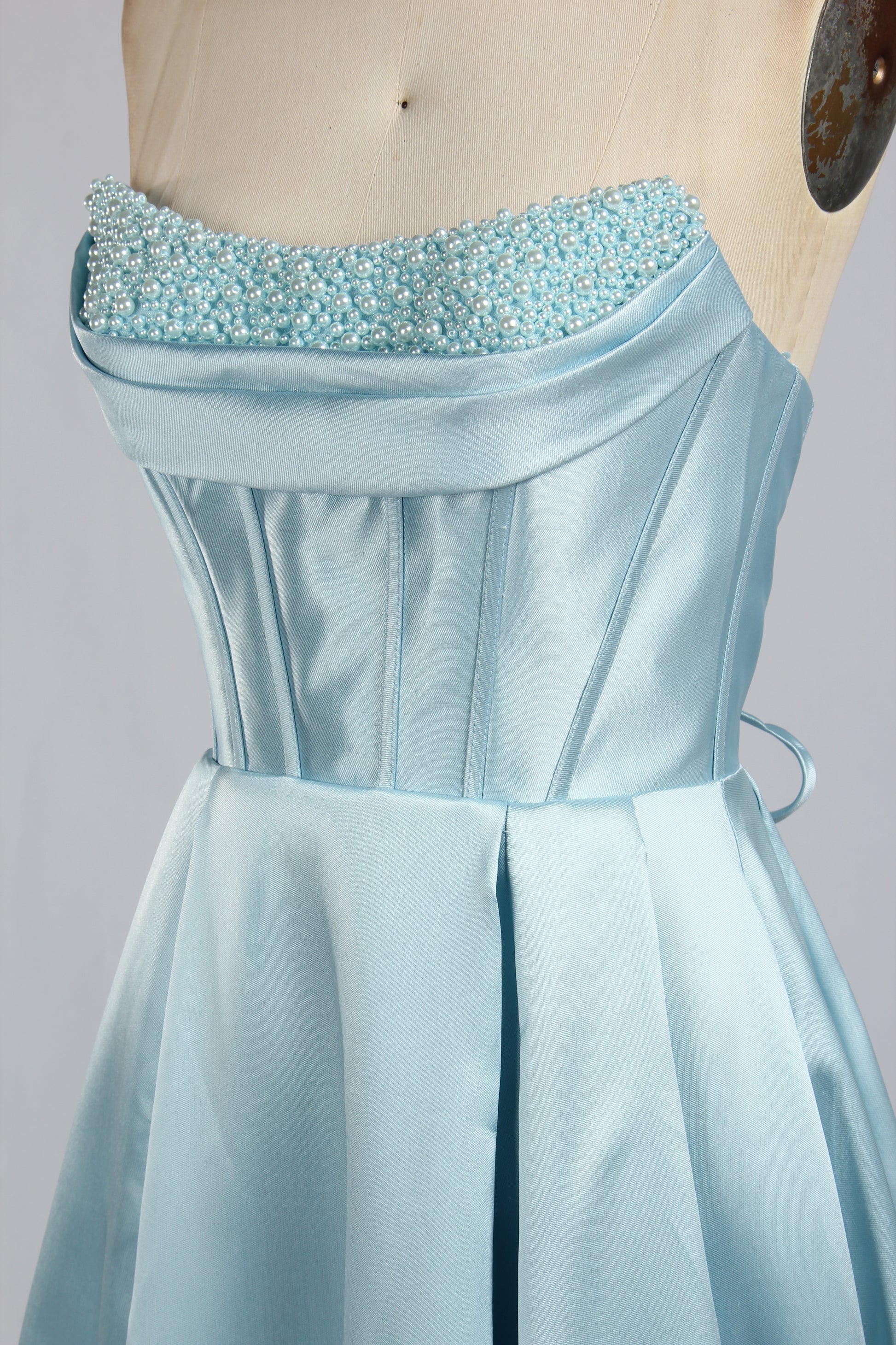 Wholesale Light Blue Pearl - Embellished Strapless Evening Gown 33219B