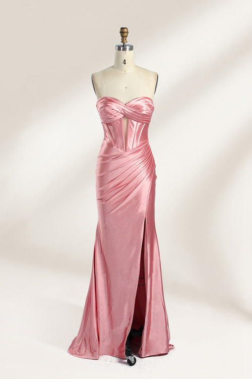 Against a gentle, light - colored backdrop, a mannequin showcases a strapless pink satin gown. The bust flaunts a twisted design, with a sheer insert at the bodice, and the waist is adorned with ruching. The mermaid - style skirt, featuring a high side slit, radiates elegance, perfect for formal galas.1