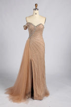 Gold Off-the-Shoulder Beaded Evening Dress with Side Drape and Slit MC182