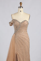 Gold Off-the-Shoulder Beaded Evening Dress with Side Drape and Slit MC182