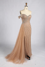 Gold Off-the-Shoulder Beaded Evening Dress with Side Drape and Slit MC182