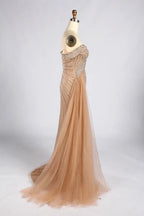 Gold Off-the-Shoulder Beaded Evening Dress with Side Drape and Slit MC182