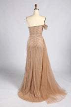 Gold Off-the-Shoulder Beaded Evening Dress with Side Drape and Slit MC182