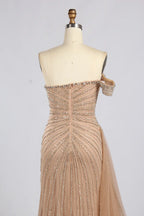 Gold Off-the-Shoulder Beaded Evening Dress with Side Drape and Slit MC182
