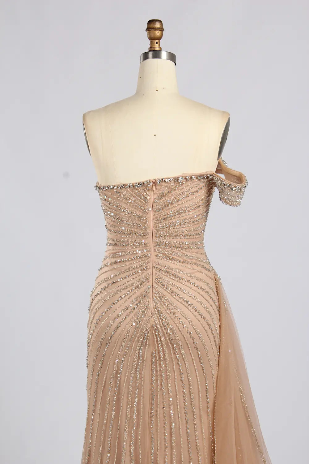 Gold Off-the-Shoulder Beaded Evening Dress with Side Drape and Slit MC182