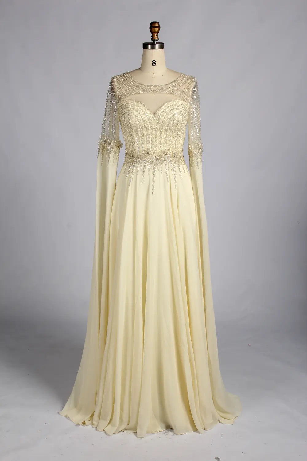 Champagne Beaded Long Split Sleeves Chiffon A-Line Mother of the Bride Dress MC189