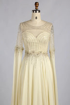 Champagne Beaded Long Split Sleeves Chiffon A-Line Mother of the Bride Dress MC189