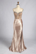 Champagne Strapless Beaded Sequin Satin Slit Evening Gown MC186