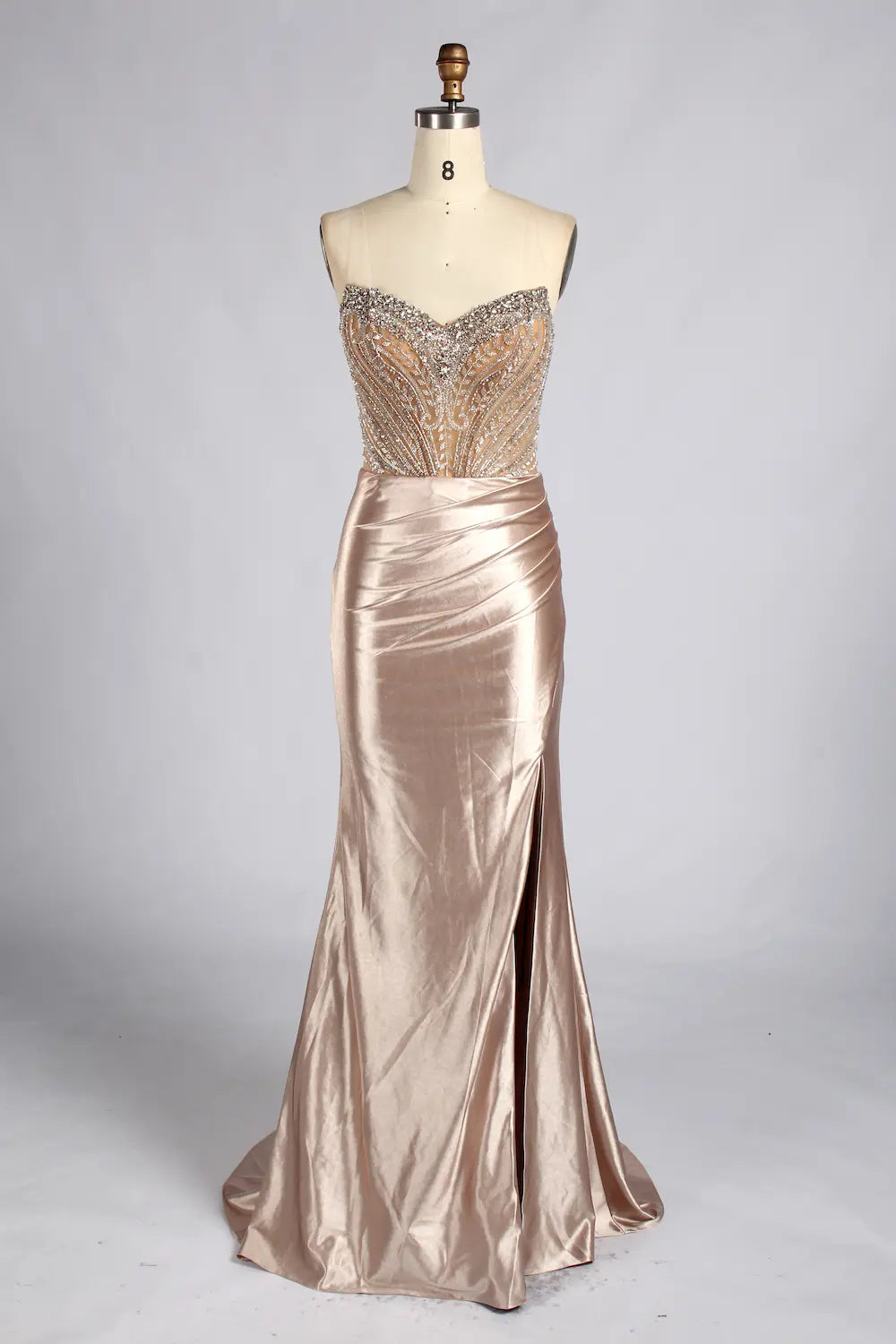 Champagne Strapless Beaded Sequin Satin Slit Evening Gown MC186